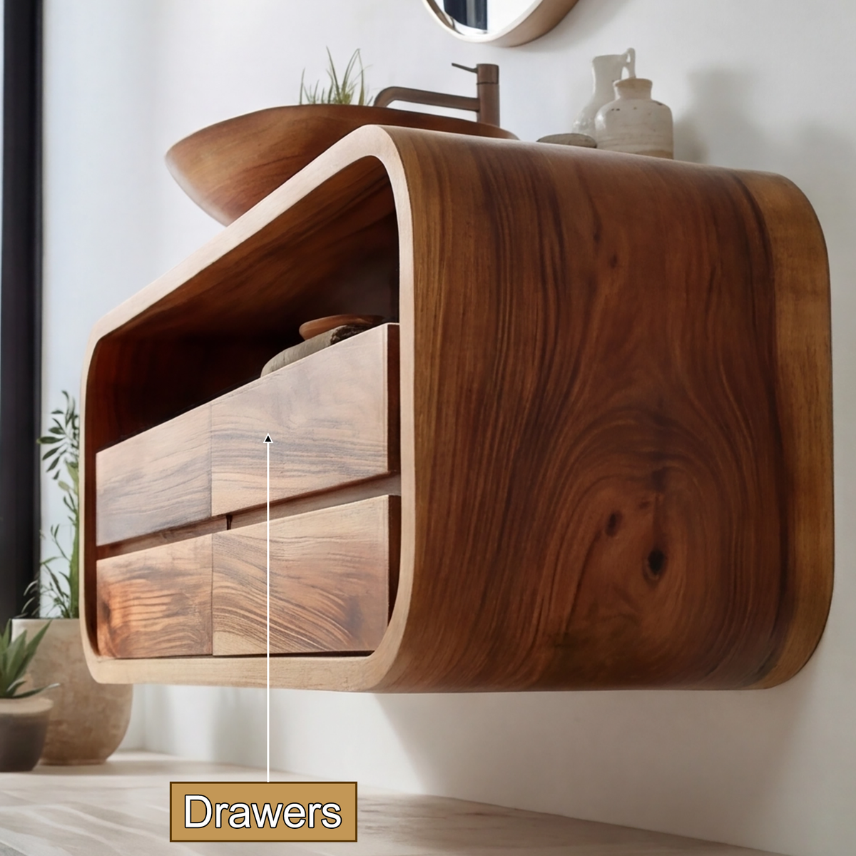 Sculpted Solid Wood Floating Bathroom Vanity with Rounded Edges - Image 2