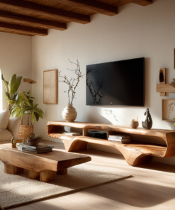 Solid Wood Sculptural TV Console with Wave Profile and Open Shelves