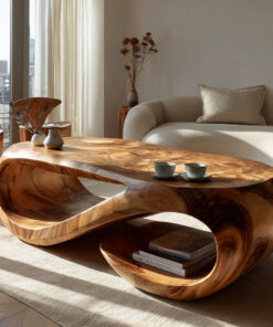 Looping Sculpted Solid Hardwood Coffee Table with Lower Shelf