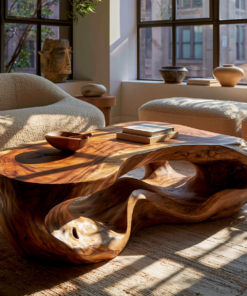 Freeform Sculpted Solid Hardwood Coffee Table with Carved Base