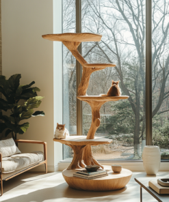 Lignum Sculpted Solid Hardwood Cat Tree with Staggered Platforms