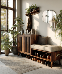 Solid Wood Entryway Bench and Shoe Rack with Slatted Low Cabinet