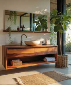 Japandi Solid Wood Floating Bathroom Vanity with Hidden Drawers