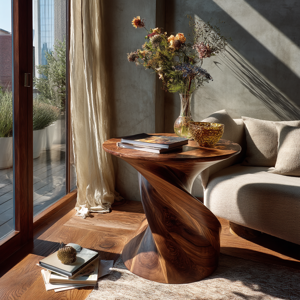 Twisted Pedestal Solid Wood Side Table with Round Top