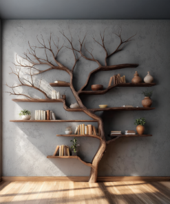 Rustic Tree Branch Floating Wall Bookshelf, 60 x 60 Inch