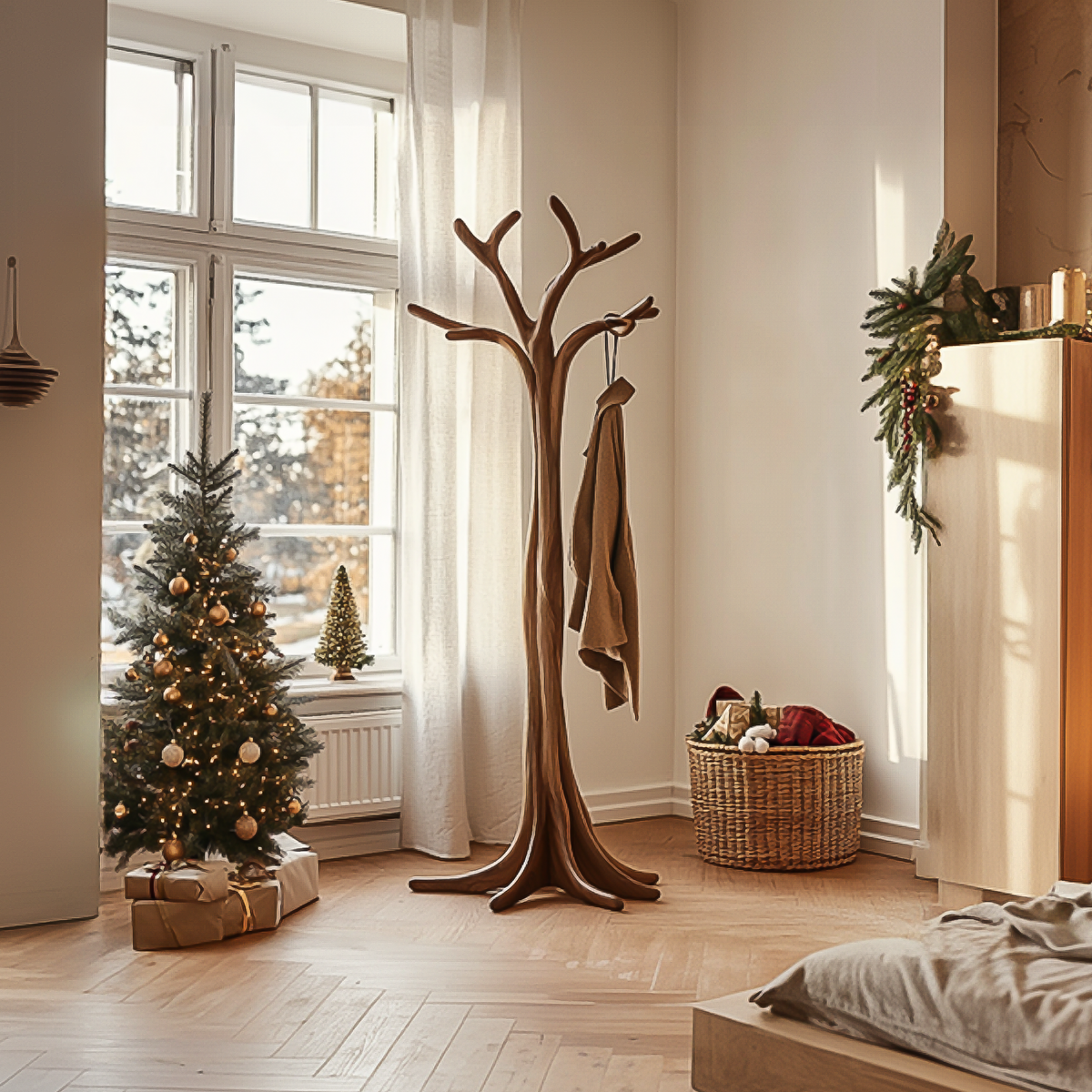 Rustic Solid Wood Tree Branch Coat Rack with Tripod Base