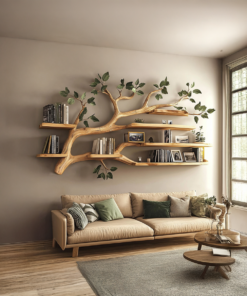 Rustic Tree Branch Floating Wall Shelf for Office or Reading Corner