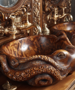 Hand-Carved Solid Wood Octopus Vessel Sink with Sculpted Tentacles