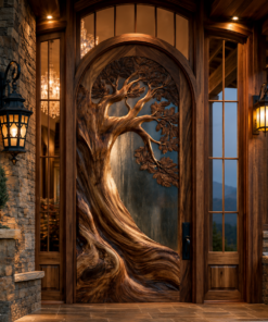 Carved Tree Relief Solid Wood Arched Door with Textured Glass