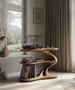Sculpted Solid Wood Record Player Stand with Wave Contours