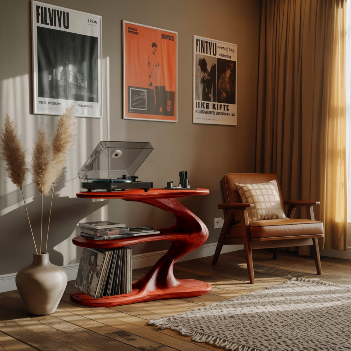 Sculpted Solid Wood Record Player Stand with Wave Contours - Image 3