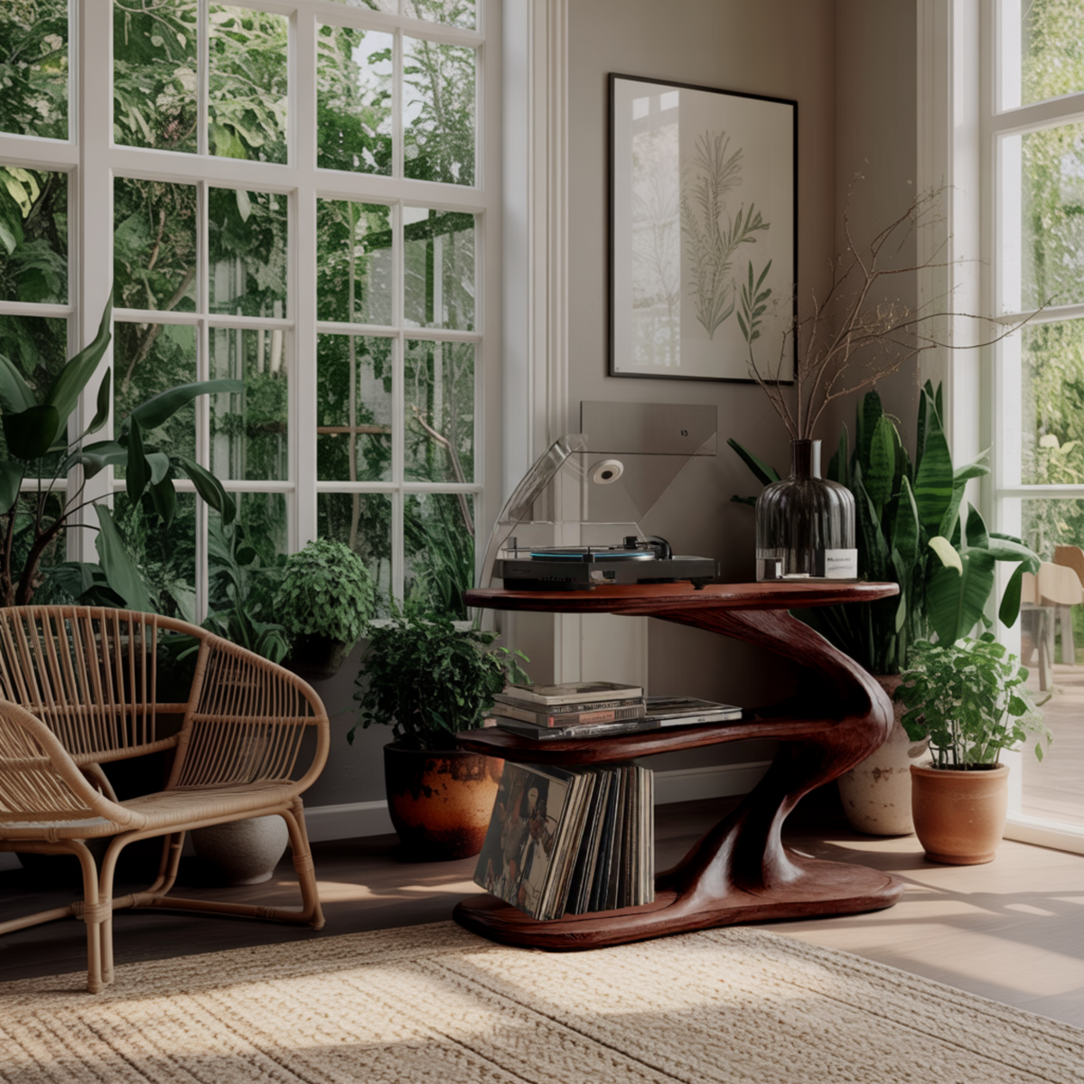 Sculpted Solid Wood Record Player Stand with Wave Contours - Image 4