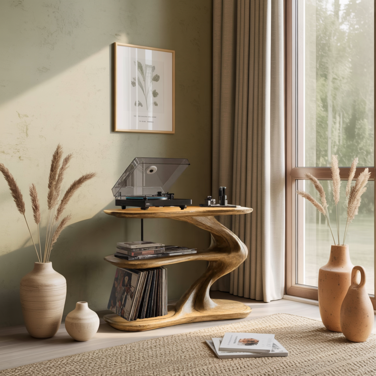 Sculpted Solid Wood Record Player Stand with Wave Contours - Image 2