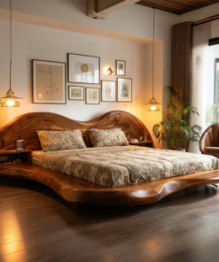 Solid Wood Wave Platform Bed Frame with Sculpted Headboard