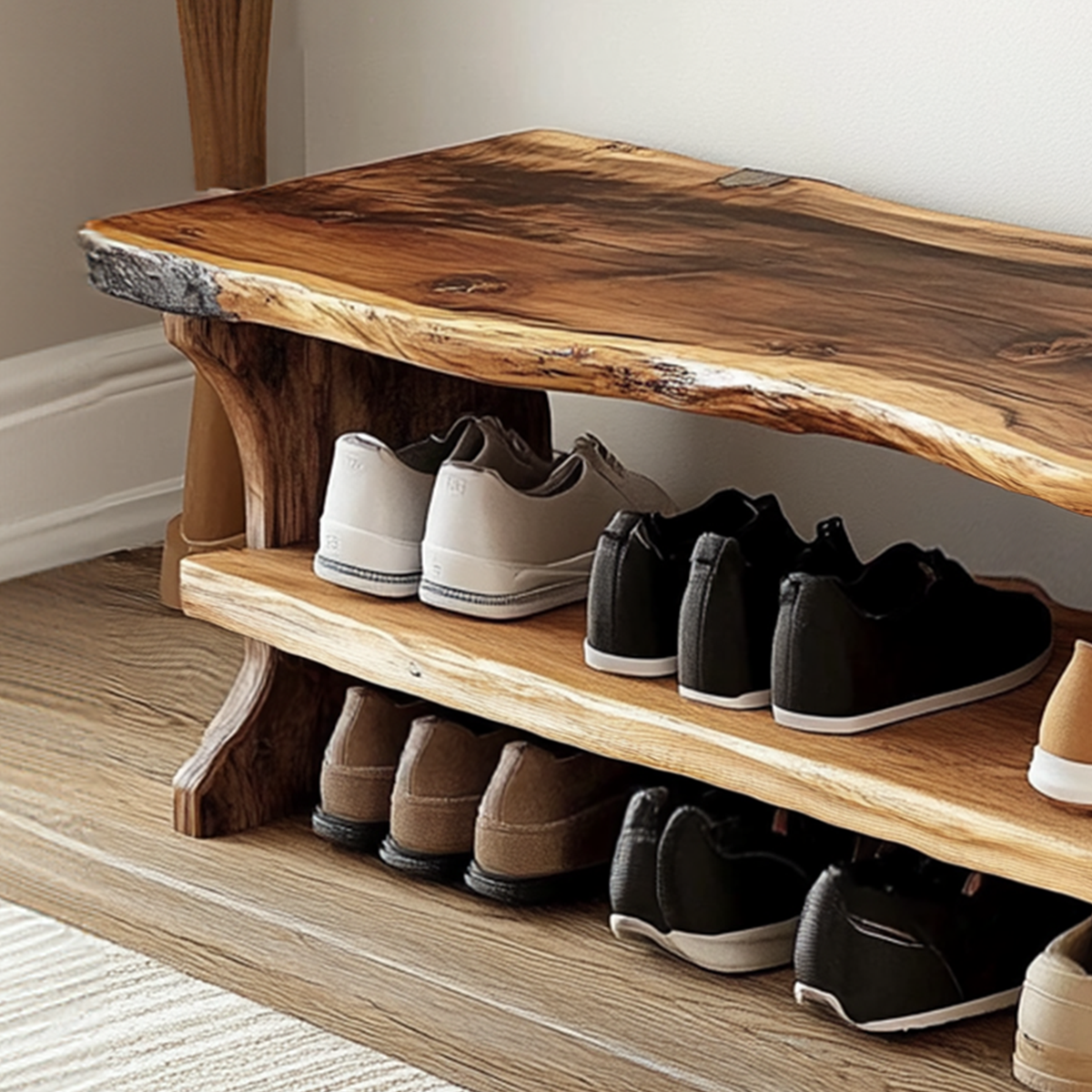 Farmhouse Solid Wood Entryway Shoe Bench with Live Edges - Image 3