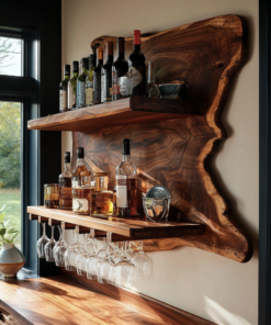 Live Edge Wood Wall Wine Shelf with Integrated Stemware Rack