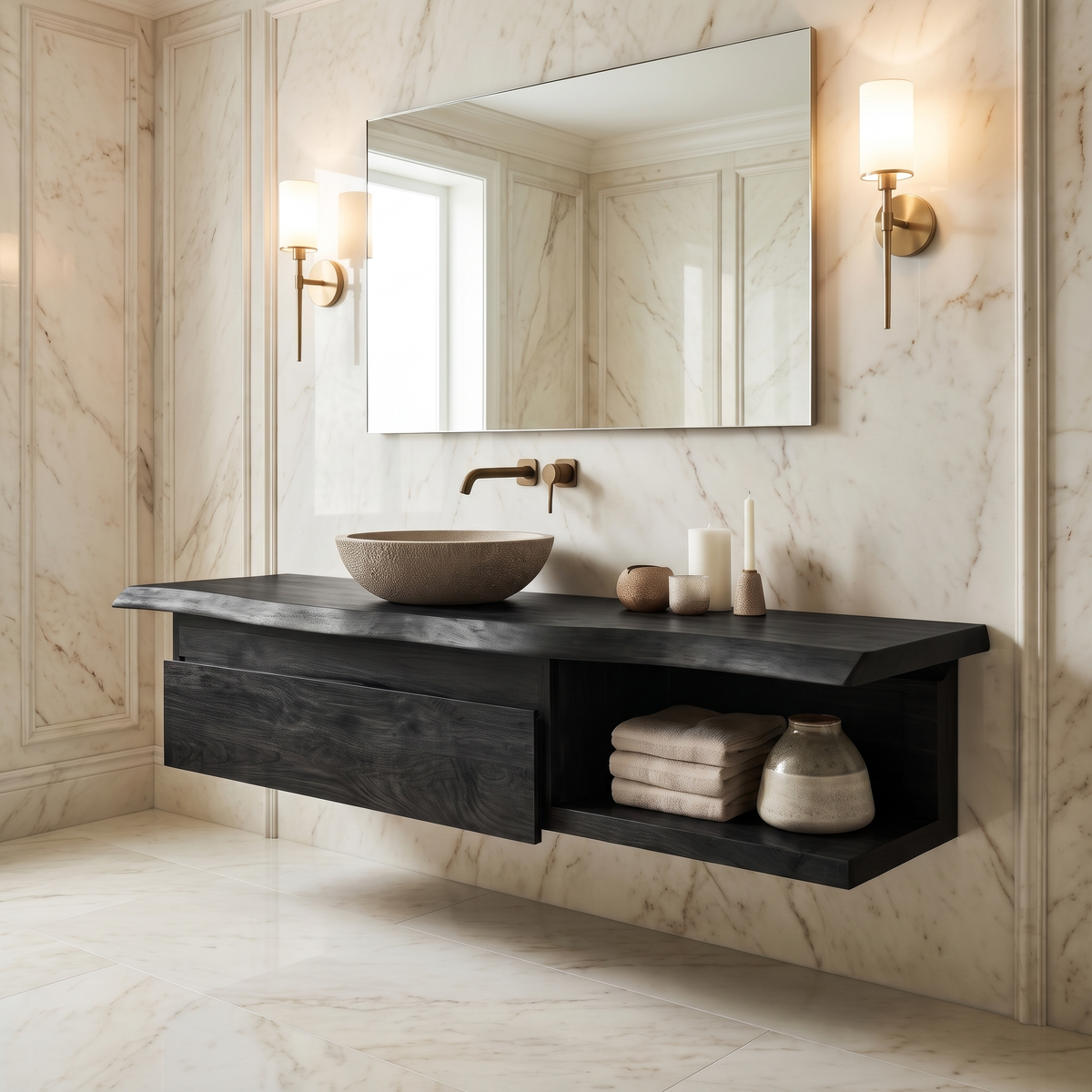 Floating Live Edge Hardwood Vanity with Drawers and Open Shelf - Image 7