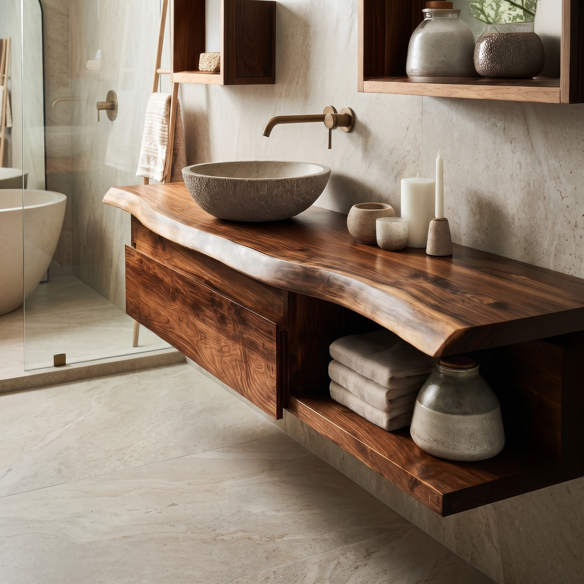 Floating Live Edge Hardwood Vanity with Drawers and Open Shelf - Image 5