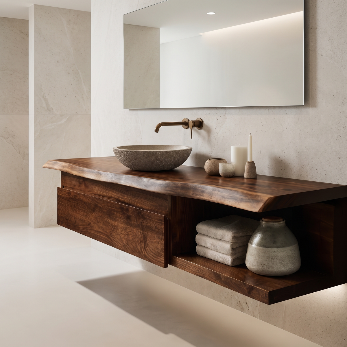Floating Live Edge Hardwood Vanity with Drawers and Open Shelf - Image 6