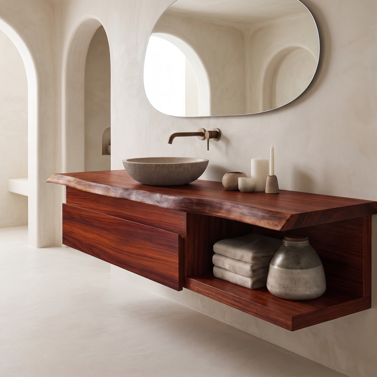 Floating Live Edge Hardwood Vanity with Drawers and Open Shelf - Image 4