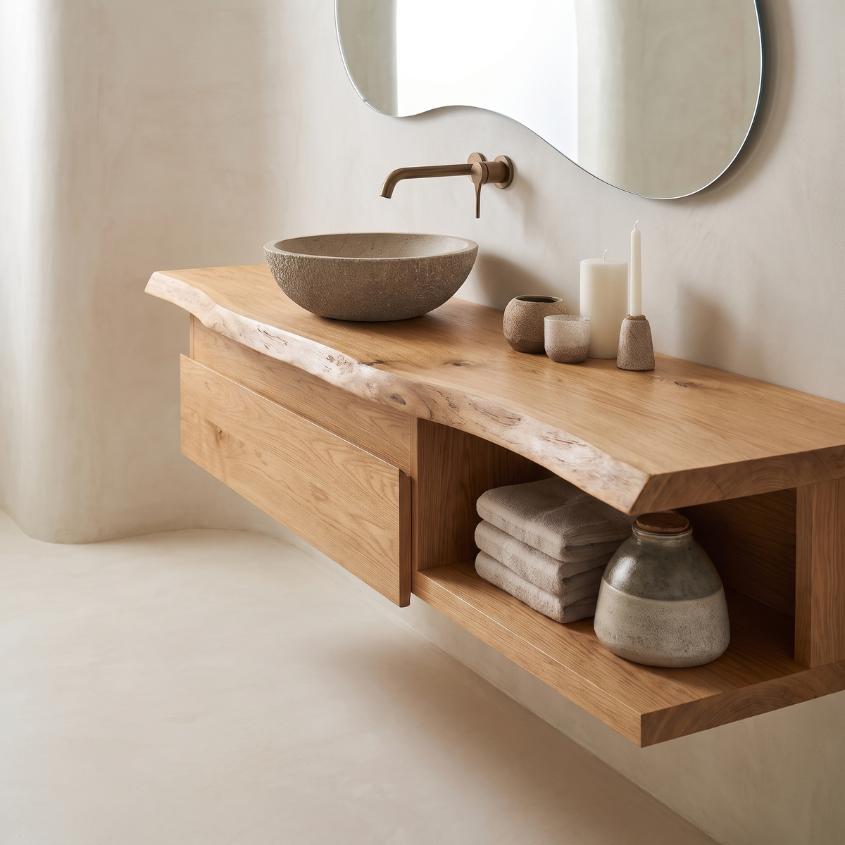 Floating Live Edge Hardwood Vanity with Drawers and Open Shelf - Image 2
