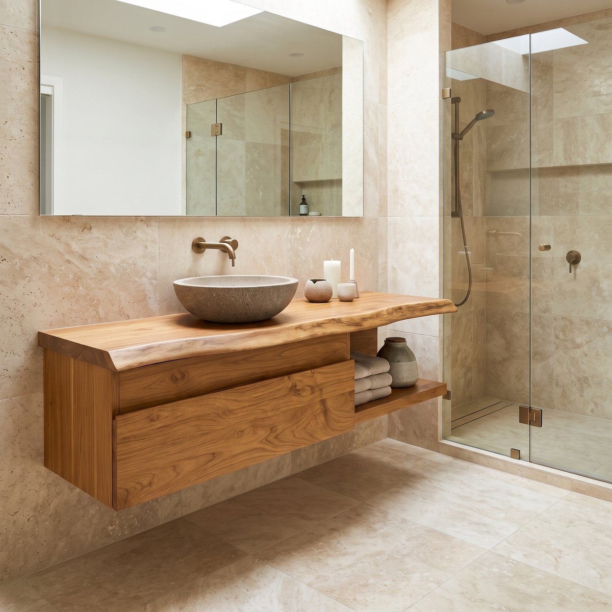 Floating Live Edge Hardwood Vanity with Drawers and Open Shelf - Image 3