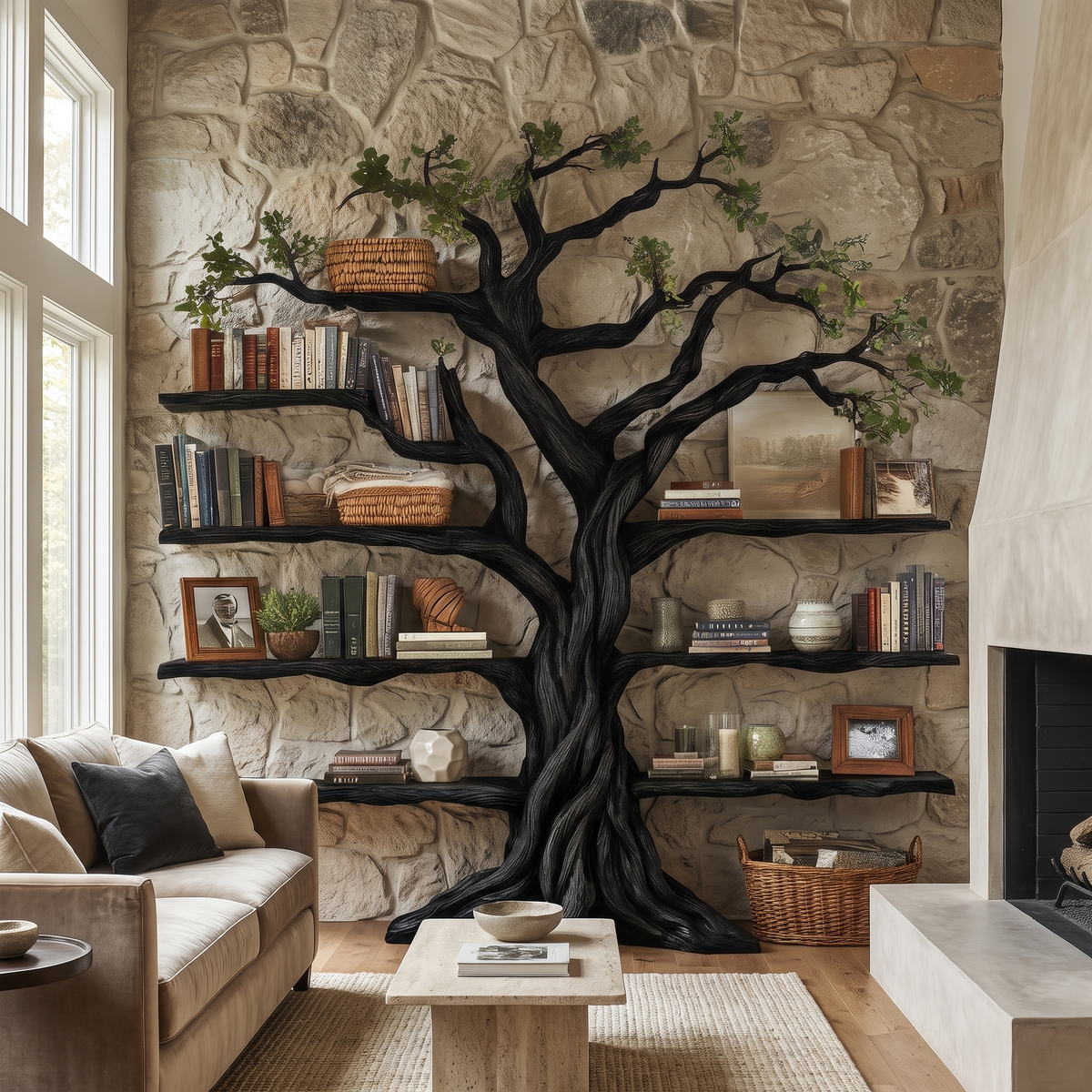 Ancient Tree Solid Hardwood Bookshelf with Bark-Carved Trunk - Image 8
