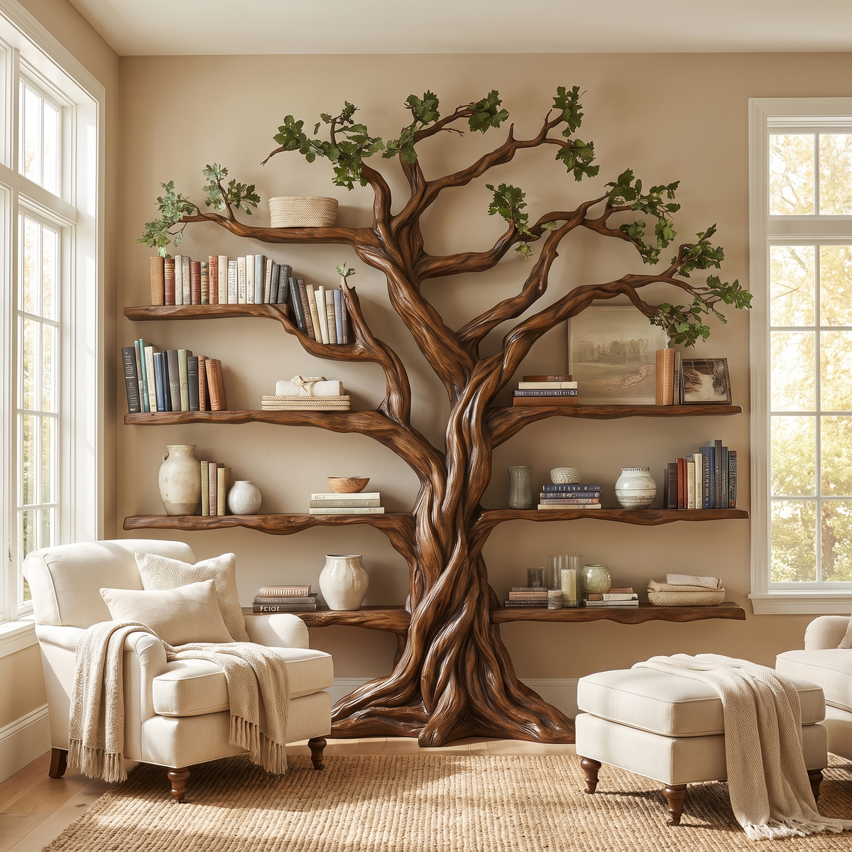 Ancient Tree Solid Hardwood Bookshelf with Bark-Carved Trunk - Image 6