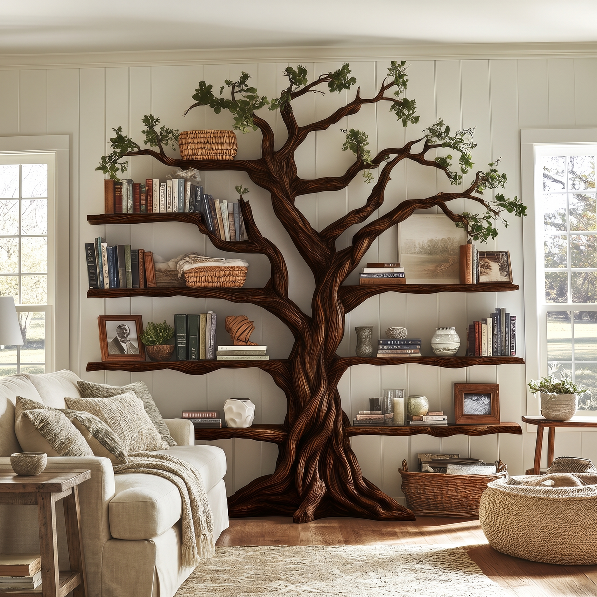 Ancient Tree Solid Hardwood Bookshelf with Bark-Carved Trunk - Image 7