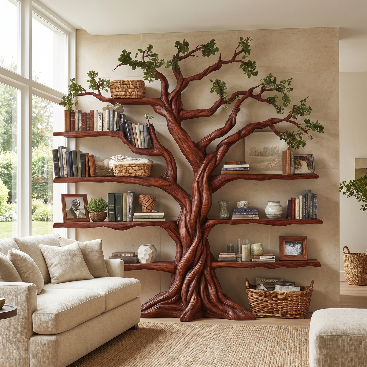 Ancient Tree Solid Hardwood Bookshelf with Bark-Carved Trunk - Image 5
