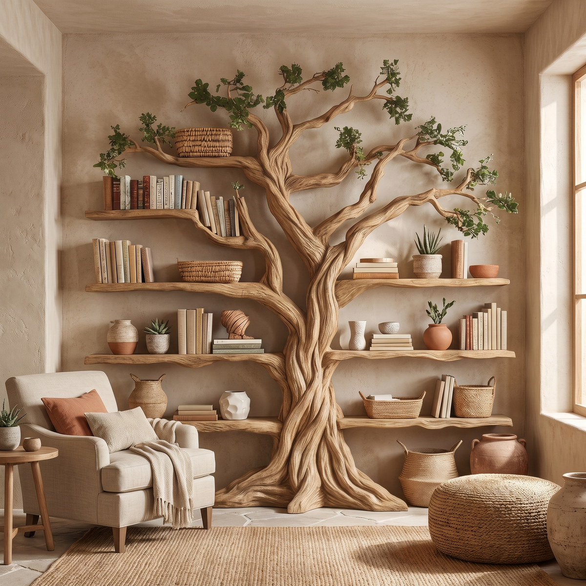 Ancient Tree Solid Hardwood Bookshelf with Bark-Carved Trunk - Image 3