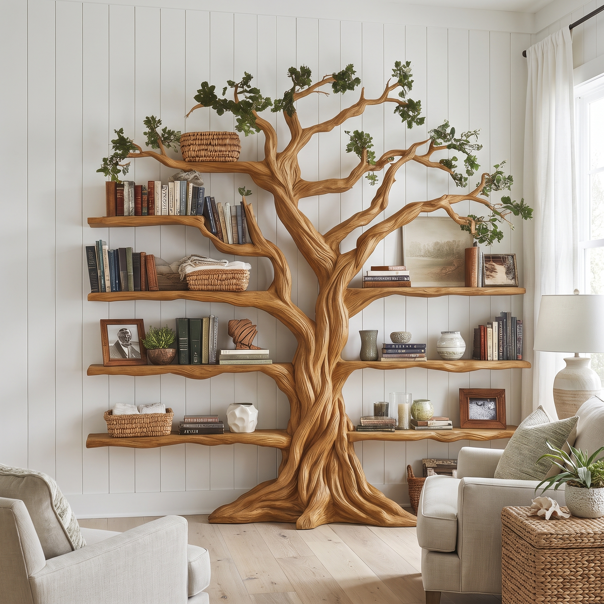 Ancient Tree Solid Hardwood Bookshelf with Bark-Carved Trunk - Image 4