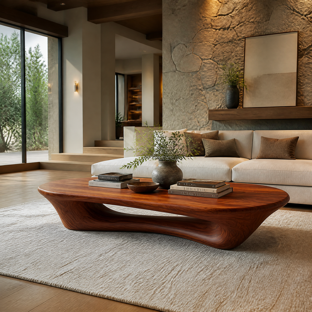 Sculpted Solid Wood Loop Base Coffee Table with Rounded Top - Image 4