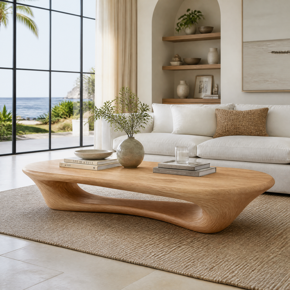 Sculpted Solid Wood Loop Base Coffee Table with Rounded Top - Image 2