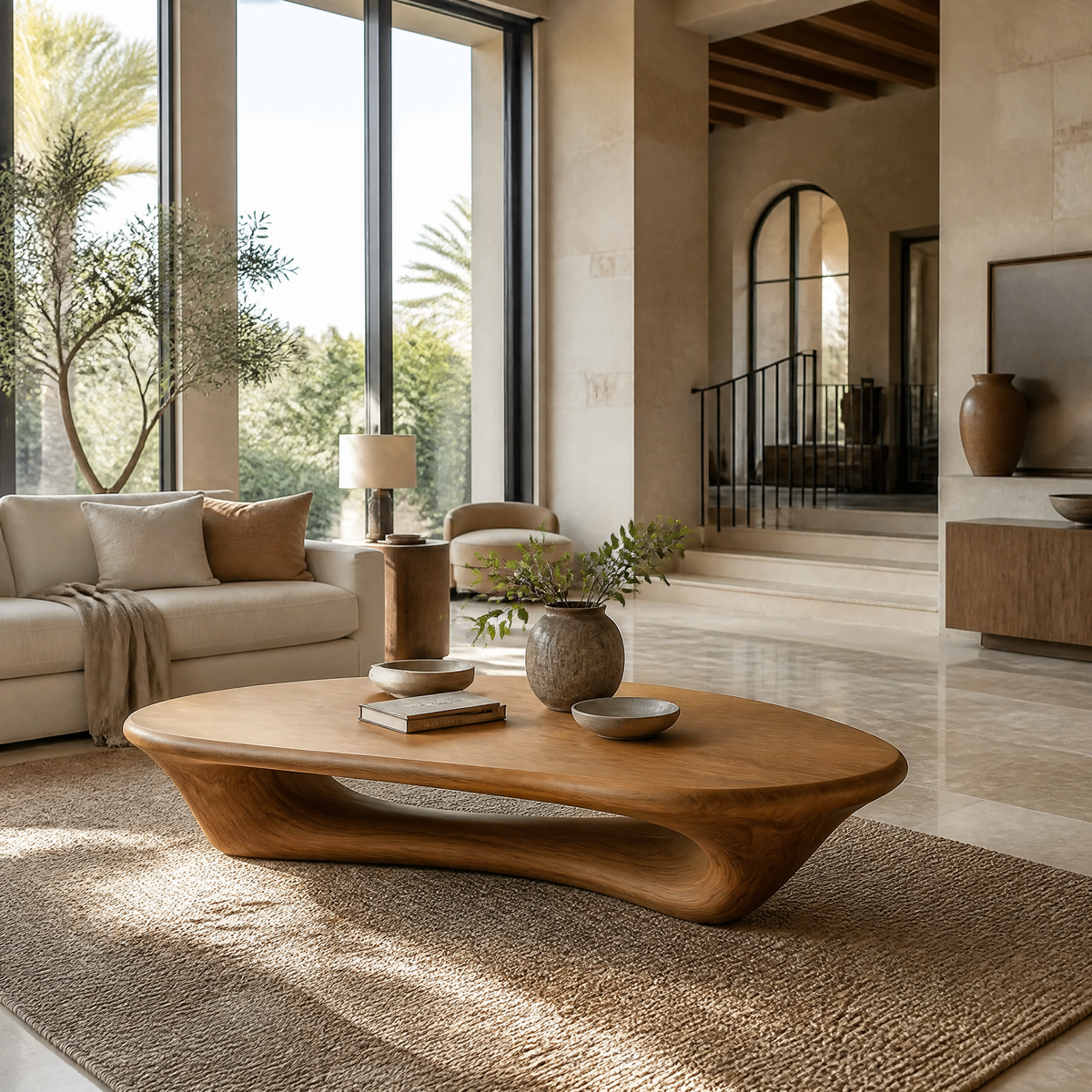 Sculpted Solid Wood Loop Base Coffee Table with Rounded Top - Image 3