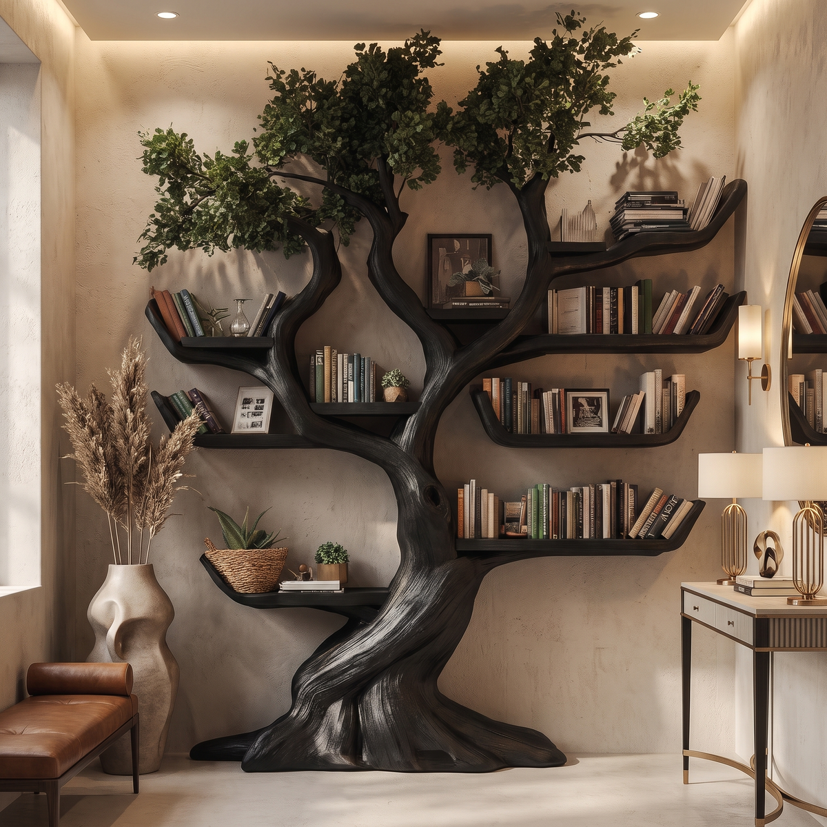 Solid Hardwood Tree Bookshelf with Carved Canopy and Root Base - Image 7