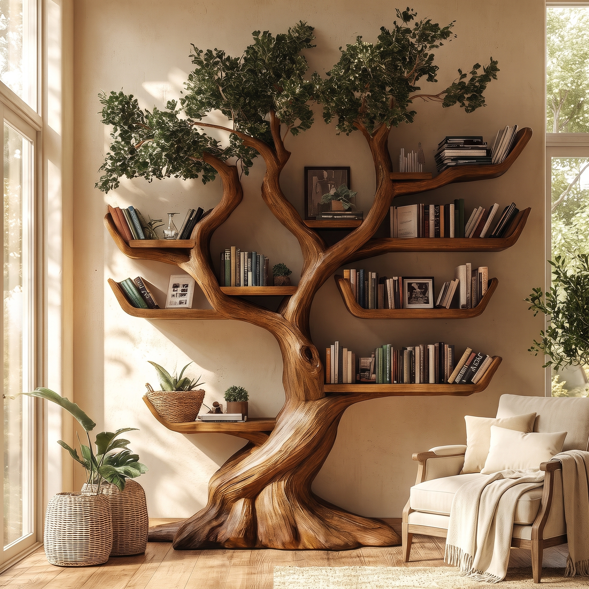 Solid Hardwood Tree Bookshelf with Carved Canopy and Root Base - Image 5