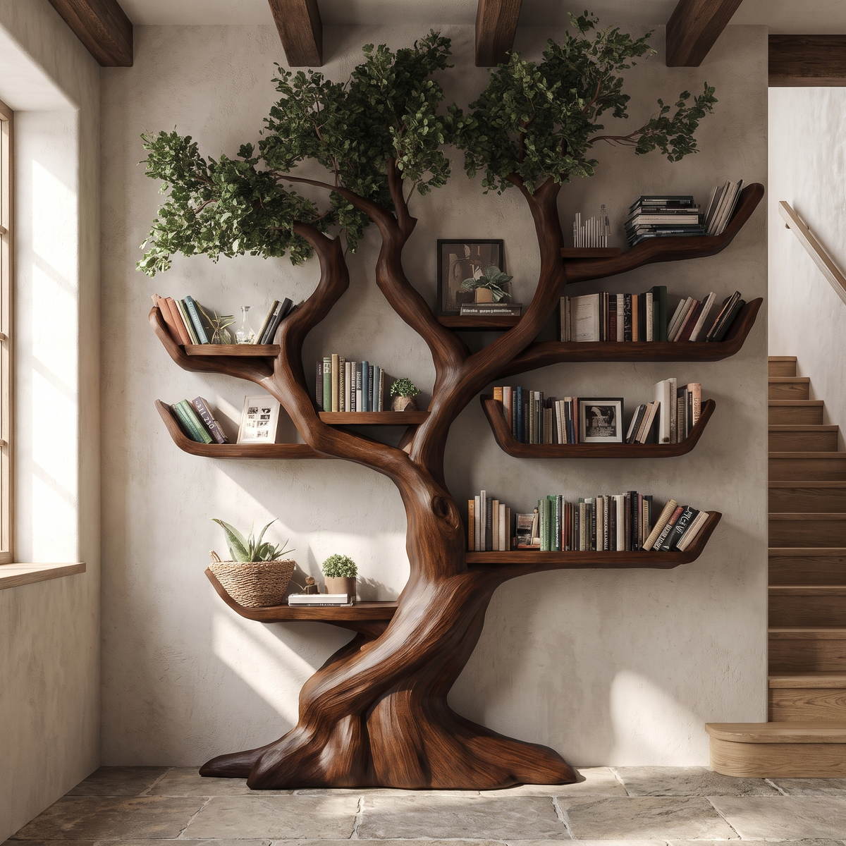 Solid Hardwood Tree Bookshelf with Carved Canopy and Root Base - Image 6