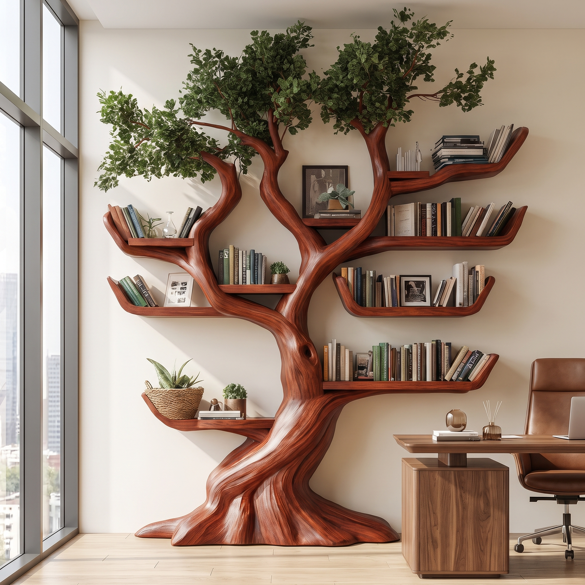 Solid Hardwood Tree Bookshelf with Carved Canopy and Root Base - Image 4