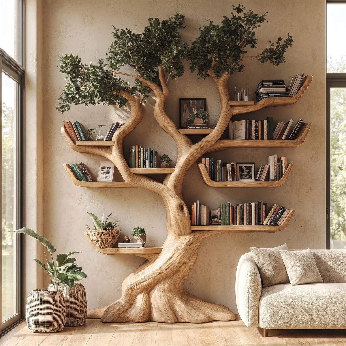 Solid Hardwood Tree Bookshelf with Carved Canopy and Root Base - Image 2