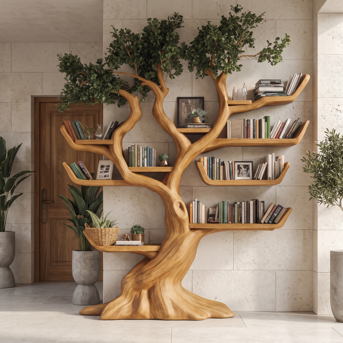 Solid Hardwood Tree Bookshelf with Carved Canopy and Root Base - Image 3