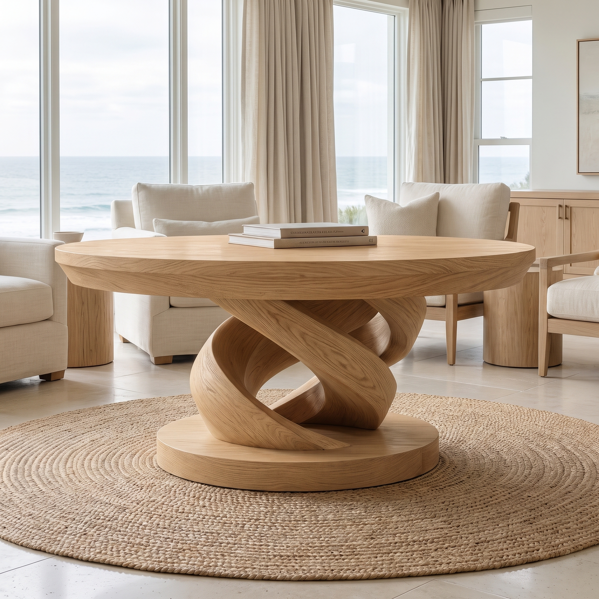 Round Solid Wood Coffee Table with Twisted Pedestal Base - Image 2