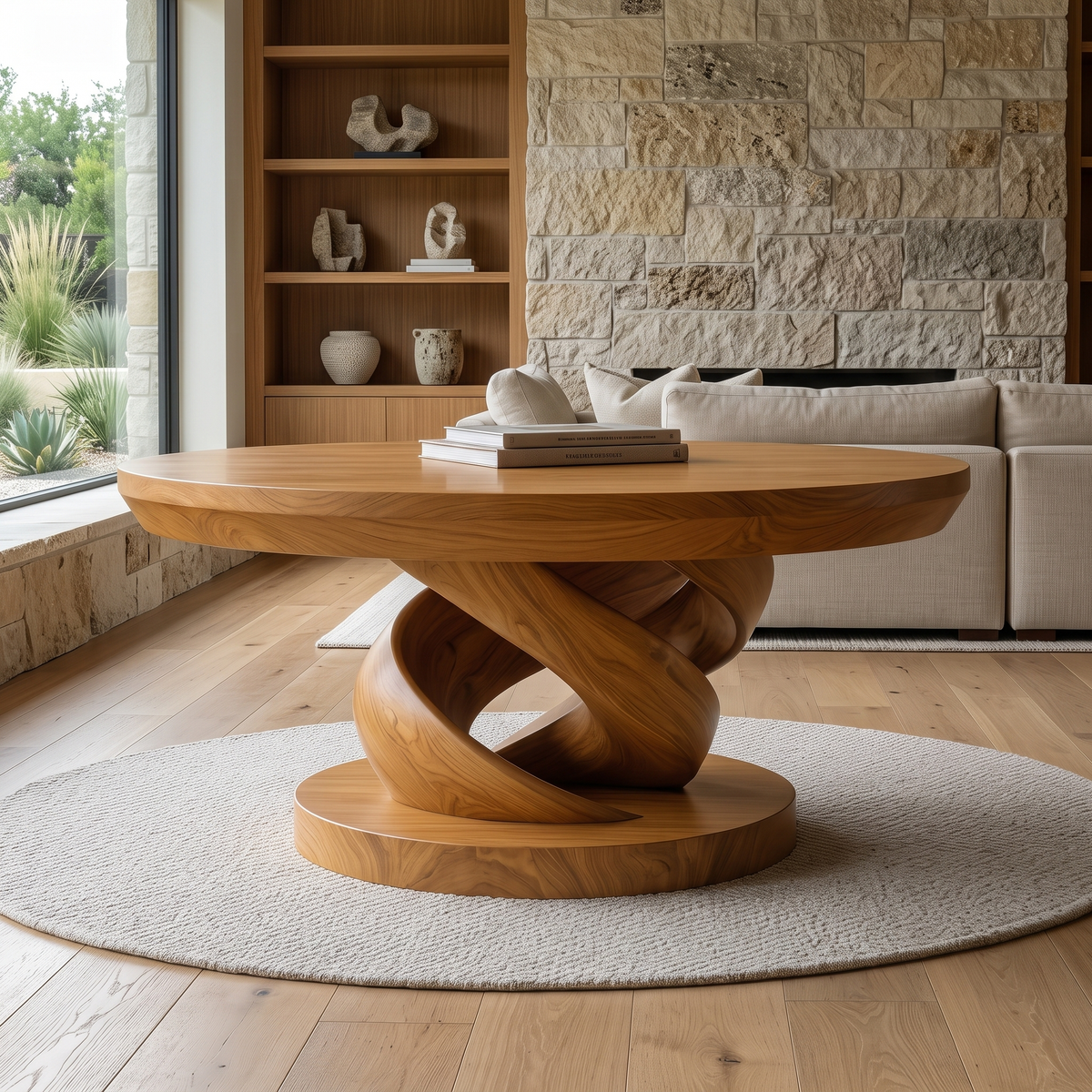 Round Solid Wood Coffee Table with Twisted Pedestal Base - Image 3