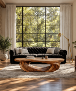 Low Sculpted Wood Coffee Table with Oval Loop Base