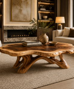 Solid Hardwood Coffee Table with Natural Edge Top and Arched Root Base
