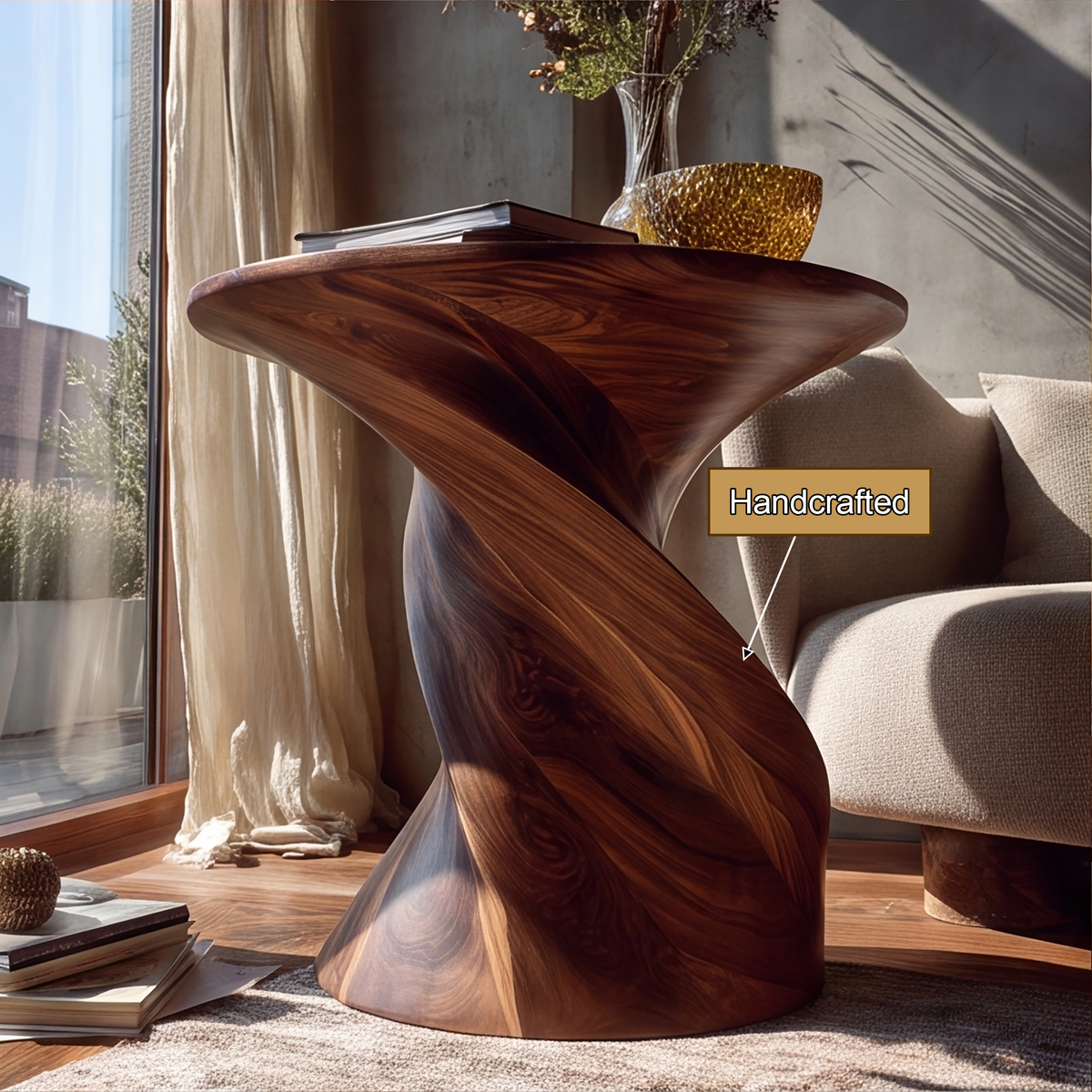 Twisted Pedestal Solid Wood Side Table with Round Top - Image 3