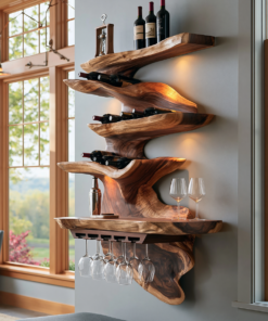 Live Edge Solid Wood Floating Wine Shelf in Stepped Tiers