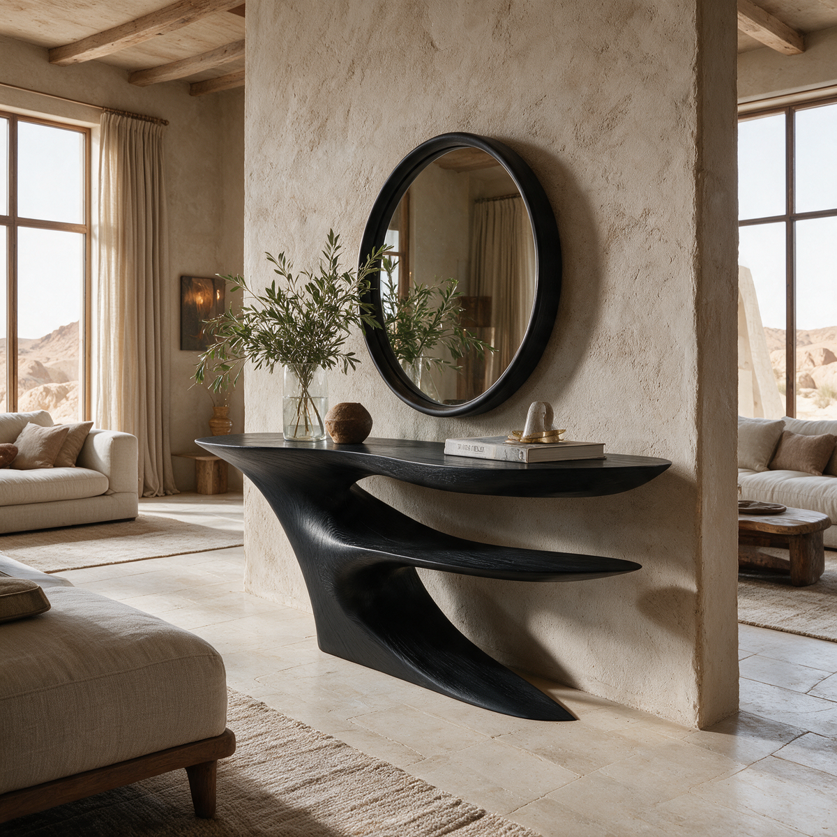 Cantilever Sculpted Solid Wood Console Table with Lower Shelf - Image 7