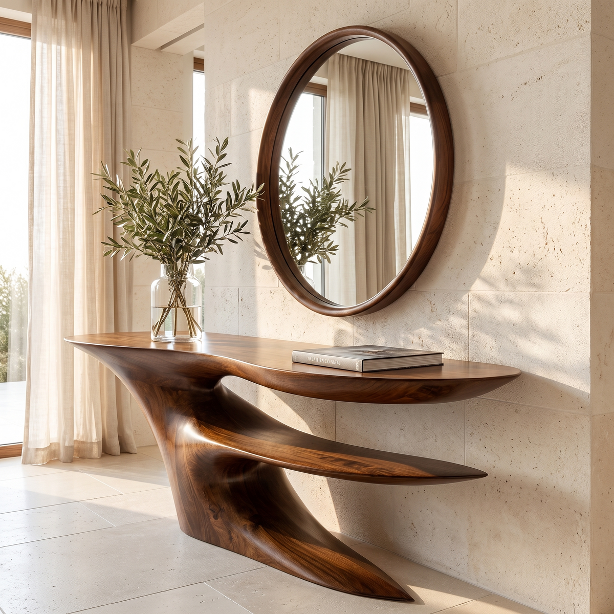 Cantilever Sculpted Solid Wood Console Table with Lower Shelf - Image 5