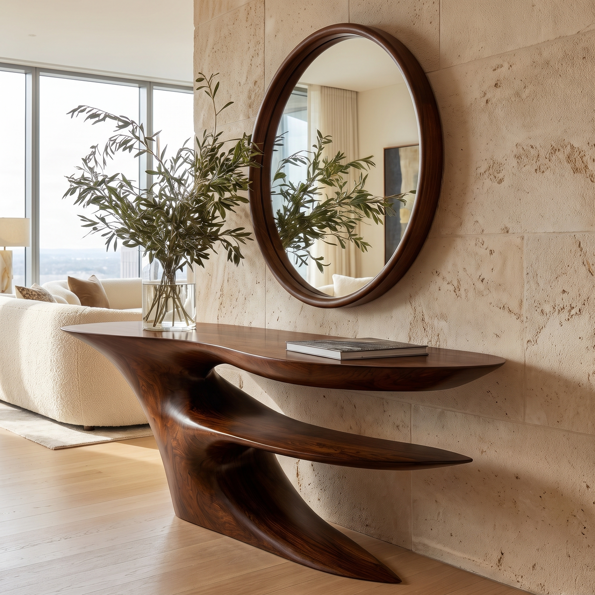 Cantilever Sculpted Solid Wood Console Table with Lower Shelf - Image 6